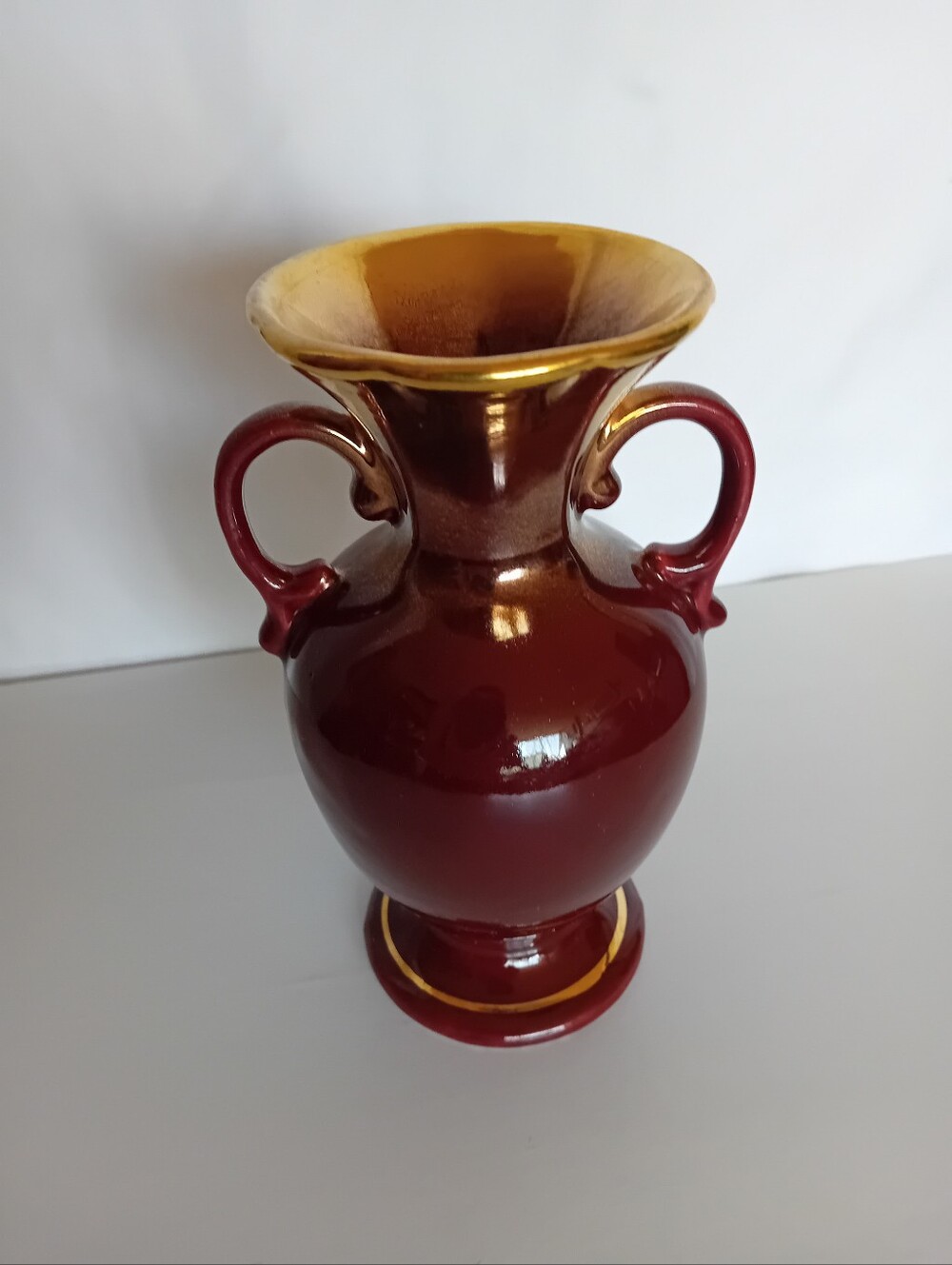 Vintage Two-Handled Burgundy and Gold Ceramic Vase Germany 531/17